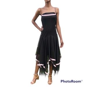 black tulle whimsigoth dress handkerchief hem pink satin contrast trim